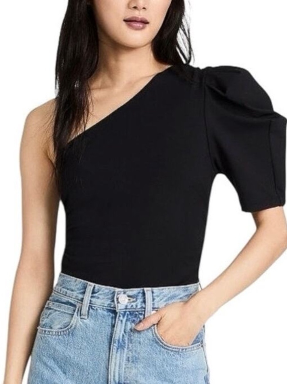 🖤 Free People for Anthropologie One-Shoulder Black Puff Sleeve Bodysuit Large